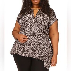 NWT Michael Kors Printed Chain Neck Asymmetrical Crimson Leopard Top